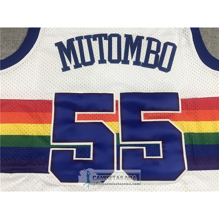 Camiseta Denver Nuggets Dikembe Mutombo NO 55 Hardwood Classics Throwback Blanco